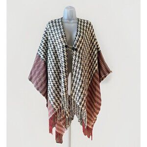 Andrew Marc NY Houndstooth Fringe Wrap Poncho Shawl One Size Black/White/Red